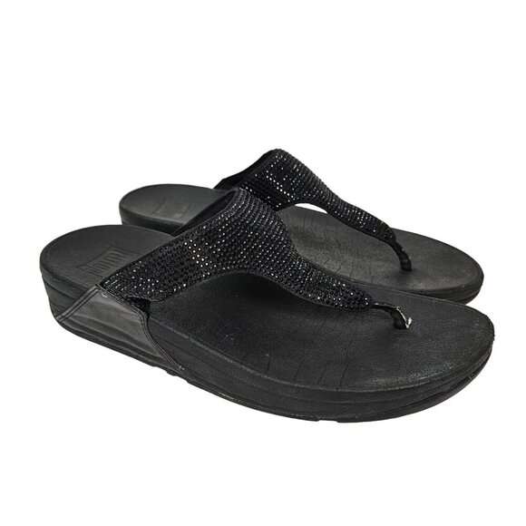 FitFlop LULU Crystal Toe-Post Platform Thong Comfort Sandal All Black 8 EJ8-090 - Picture 1 of 14